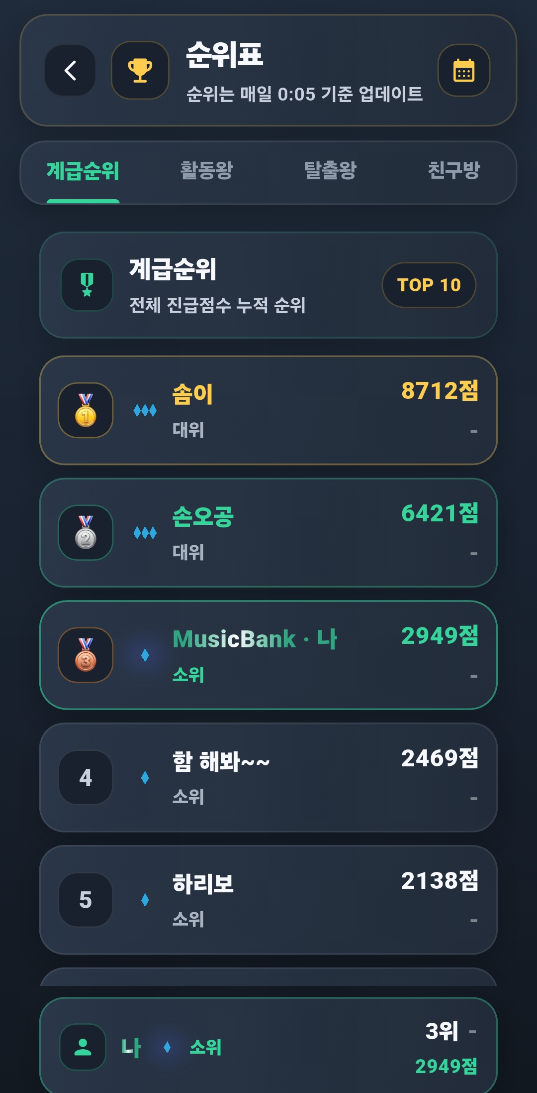 퀴즈 활동 및 방탈출 랭킹 화면